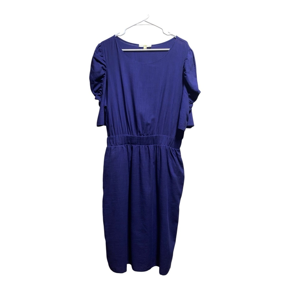 Mimi & Dottie Blue Midi Dress‎ XL Made USA Mutton Sleeve Elastic Waist Casual